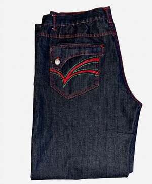 Chams Y2K Baggy Dark Wash Denim Jeans Red Contrast Stitching and Embroidered Poc